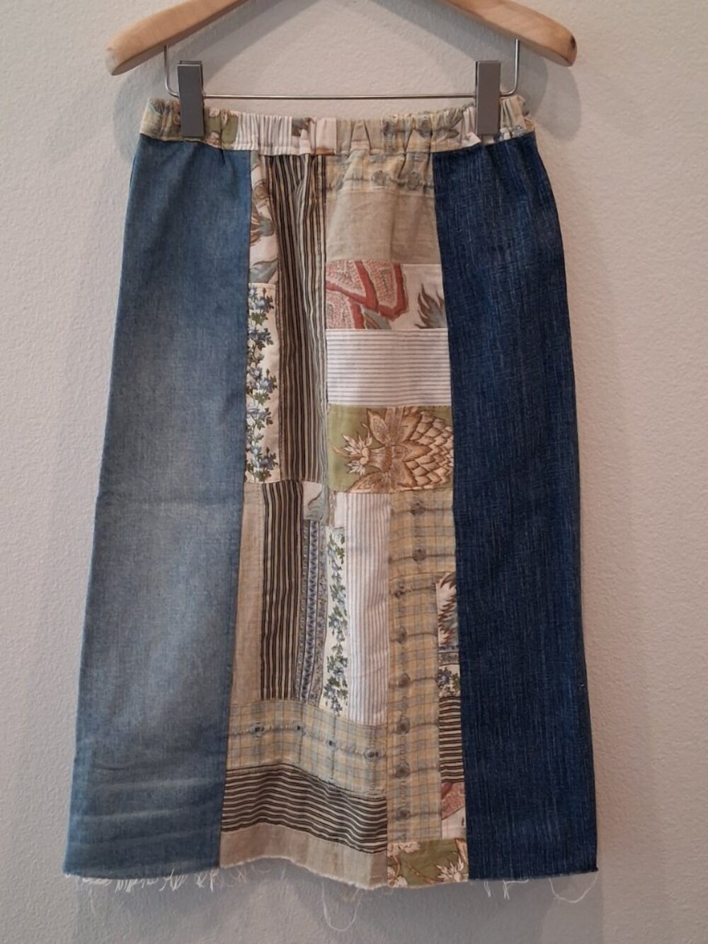 Upcycled Denim Patchwork Midi Skirt Boho Cottagecore Handmade Floral Striped M